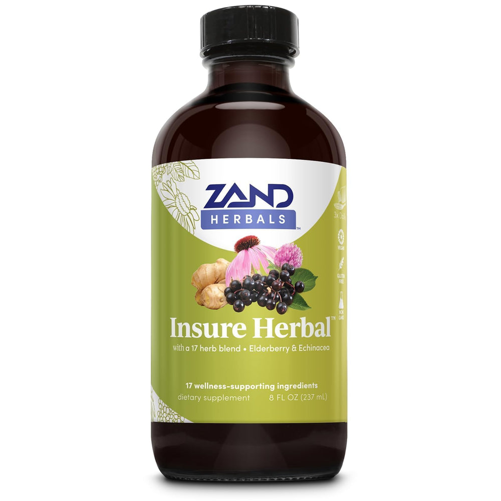 ZAND Insure bottle front showing a 17-ingredient herbal blend for daily wellness.