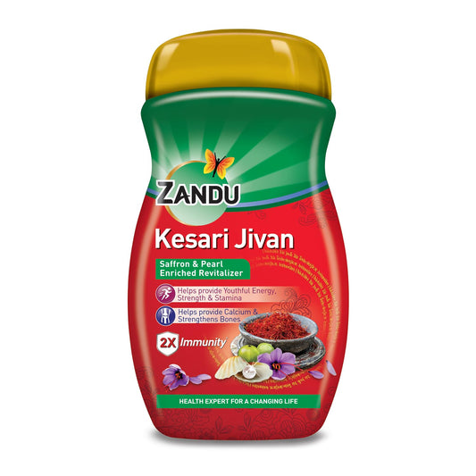 Zandu Kesari Jivan 900g front label with saffron highlights daily energy support