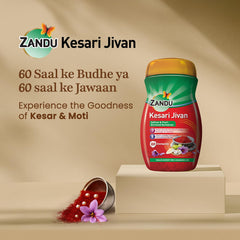 Spoon pouring Zandu Kesari Jivan into warm milk illustrates soothing daily ritual