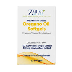 Zane Hellas Oregano Softgel bottle close-up shows 150 mg oregano oil per softgel.