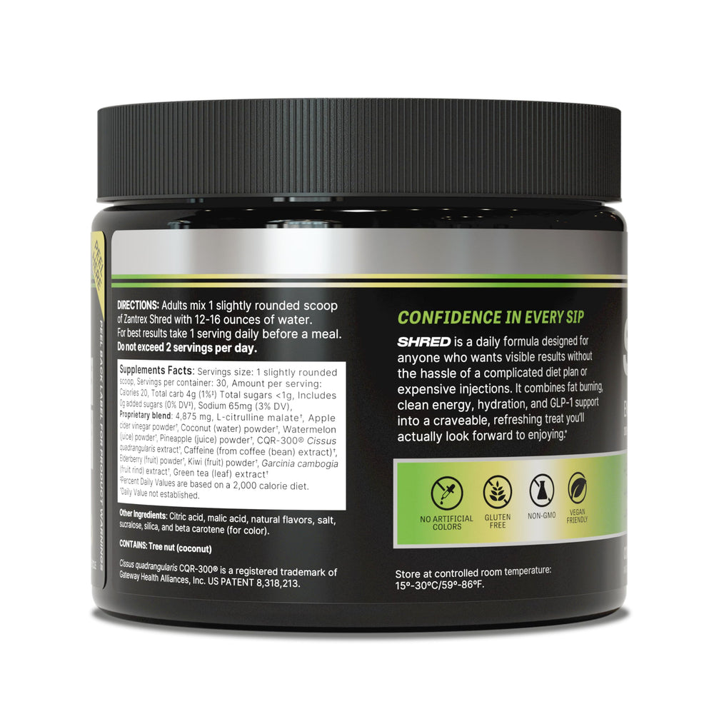 Zantrex Shred label visible on bottle featuring Colada Kick flavor for daily use.