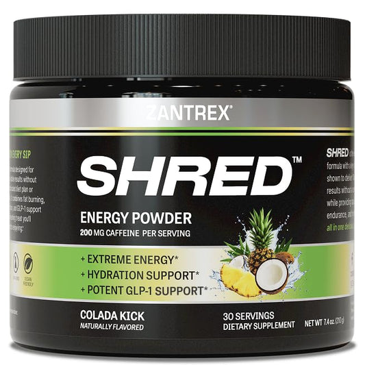 Zantrex Shred tub Colada Kick close-up showing energizing powder for clean energy.