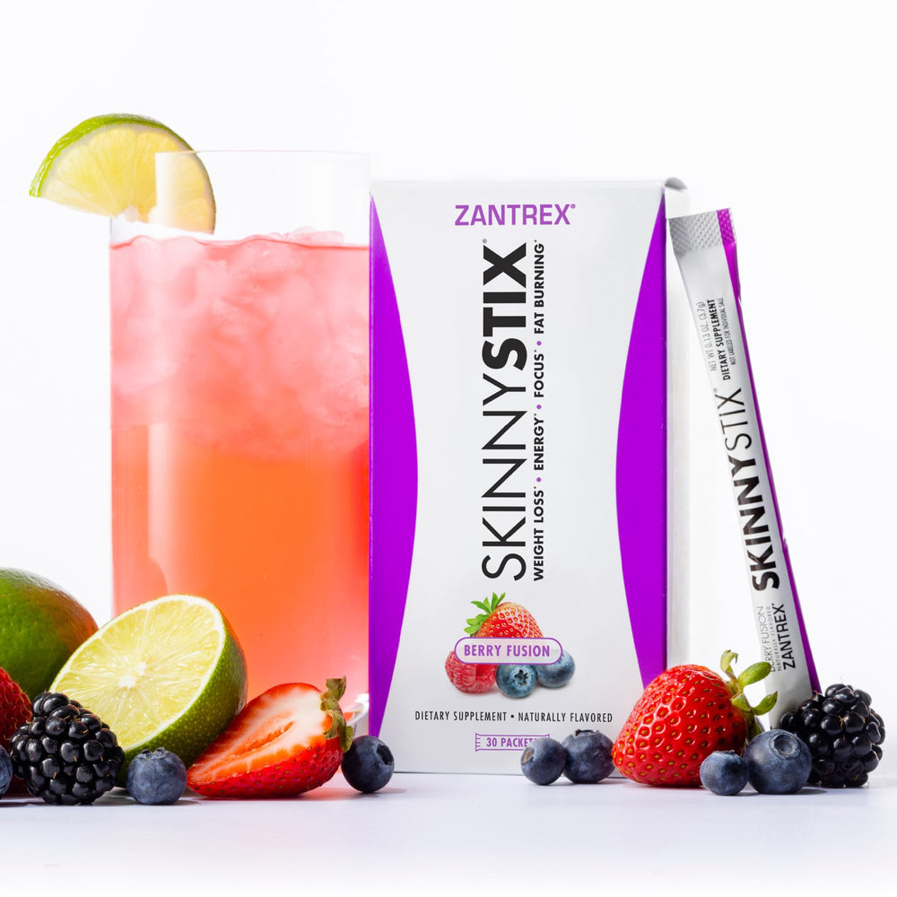 Zantrex SkinnyStix berry powder close-up; refreshing flavor for daily consumption.
