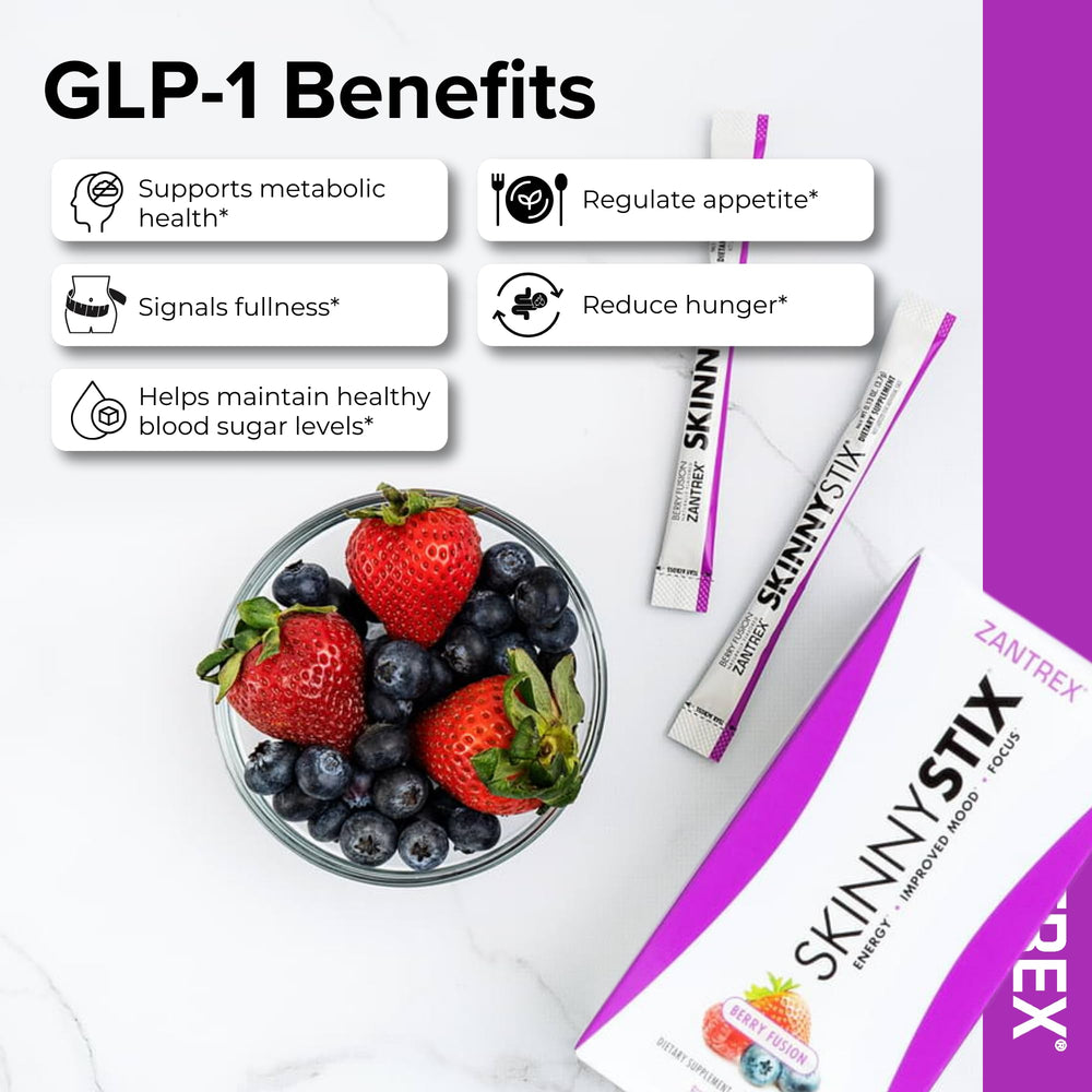 Zantrex SkinnyStix gluten-free label; supports dairy-free, easy, calorie-conscious fueling.