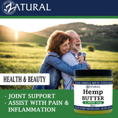 Zatural Hemp Butter vegan label on packaging emphasizes plant-based formula.