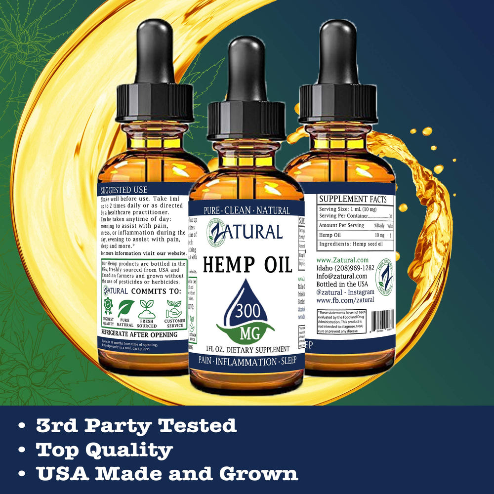 Zatural Hemp Oil Drops with omega-3 and omega-6 supports heart and skin health.
