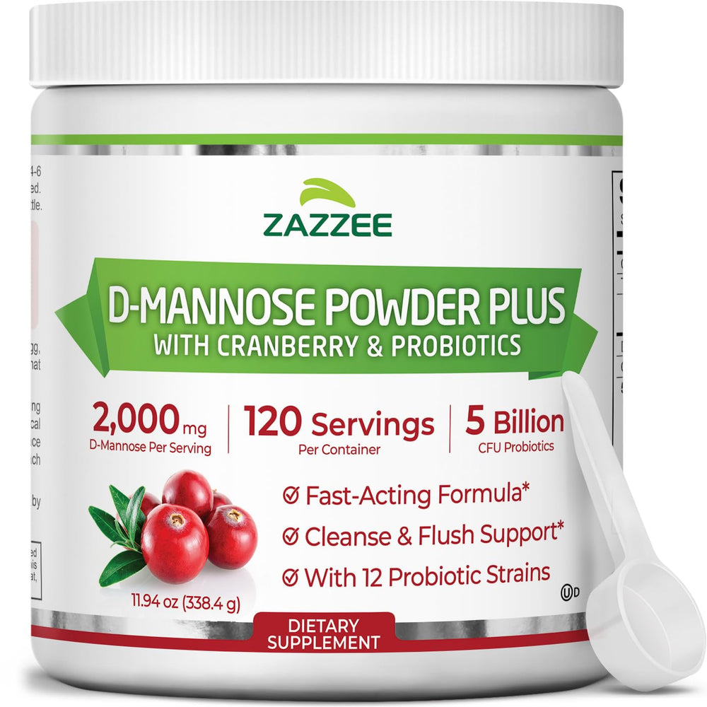 Zazzee D-Mannose Powder Plus bottle shows the 2000 mg formula for daily urinary health support