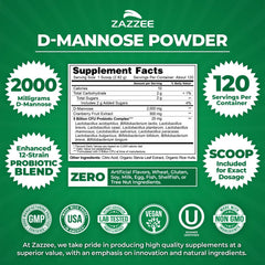 Zazzee D-Mannose Powder Plus jar label highlights cranberry extract and probiotics