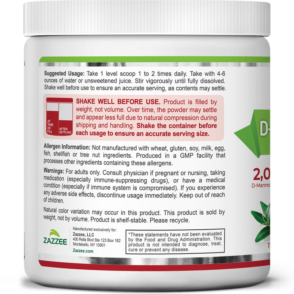 Zazzee D-Mannose Powder Plus probiotic blend panel indicates 5 Billion CFU