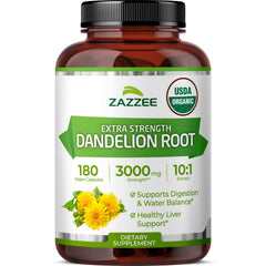 Zazzee Dandelion Root Extract bottle shows 3000 mg potency in a vegan formula.