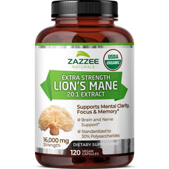 Zazzee Lions Mane bottle with capsules for daily focus support.
