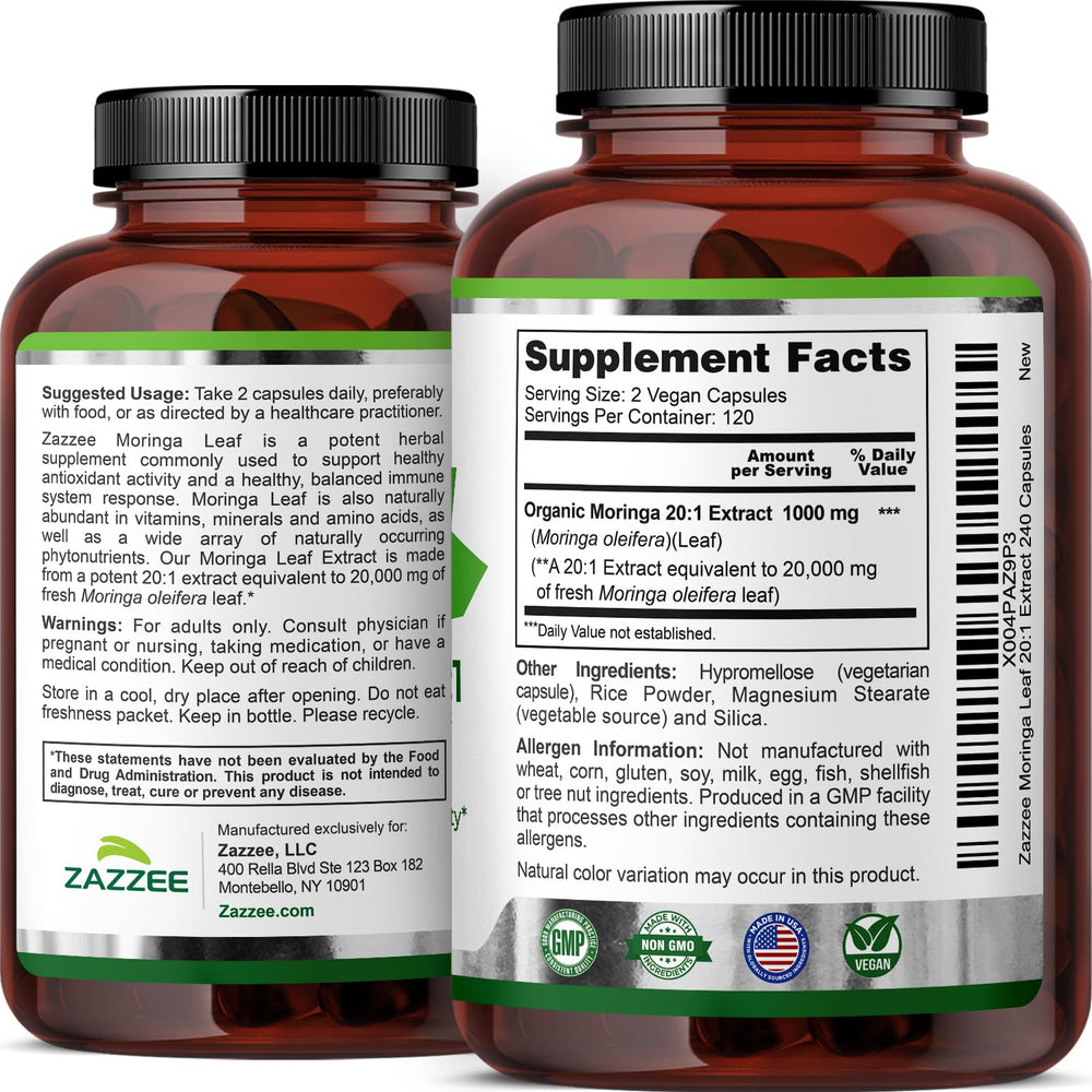 Zazzee Moringa capsule close-up; smooth swallow for practical daily use.