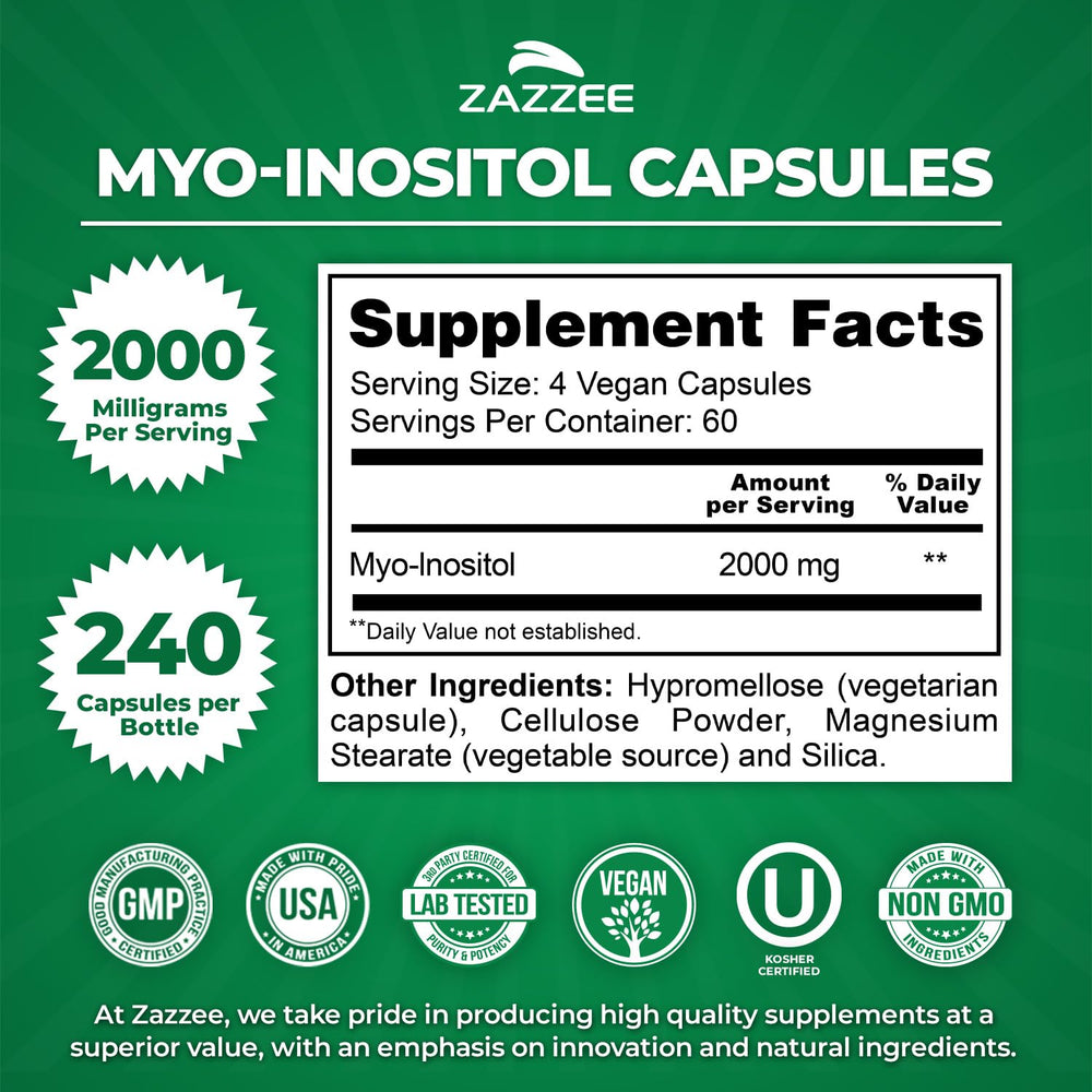 Zazzee Myo-Inositol label close-up showing 2000 mg per serving.