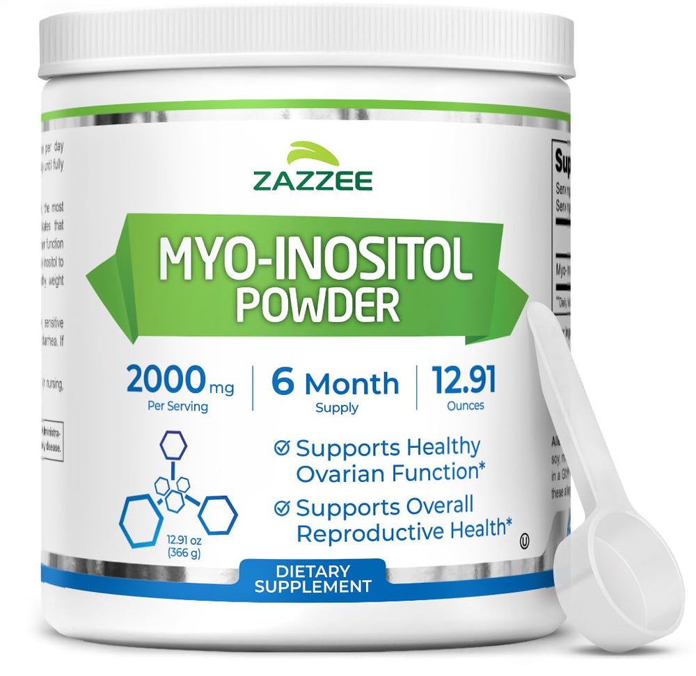 Zazzee Myo-Inositol powder bottle with scoop for precise daily dosing.
