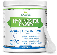 Zazzee Myo-Inositol powder bottle with scoop for precise daily dosing.