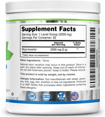 Dosage information card beside Zazzee Myo-Inositol powder bottle.