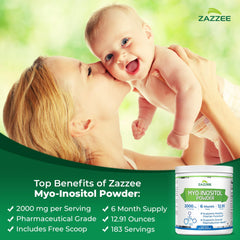 Front view of Zazzee Myo-Inositol powder jar with clear label.