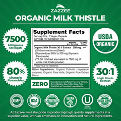 Zazzee Organic Milk Thistle 30:1 extract infographic emphasizes potency.