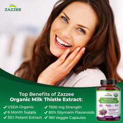 Zazzee Organic Milk Thistle bottle front demonstrates high‑potency 80% silymarin.