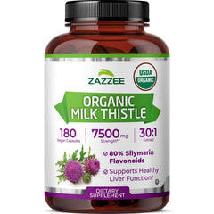 Zazzee Organic Milk Thistle bottle label highlights USDA Organic formula.