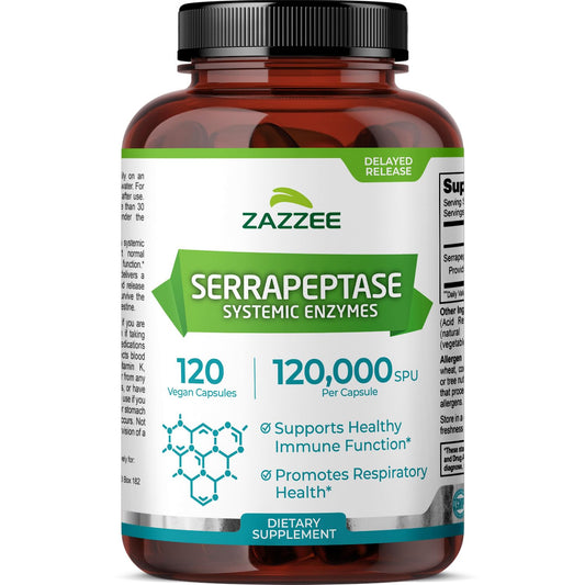Zazzee Serrapeptase delayed-release bottle front for better delivery.