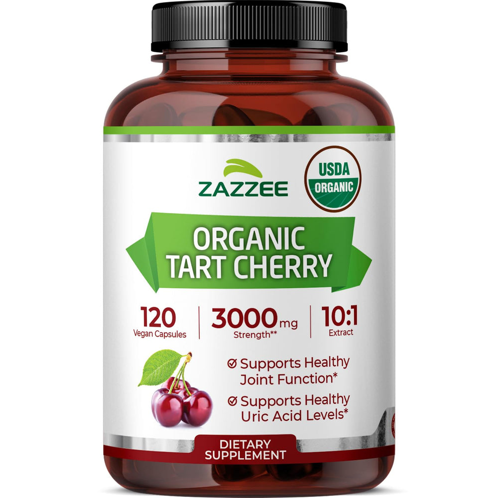 Zazzee Tart Cherry Extract bottle shows organic vegan formula for daily wellness.