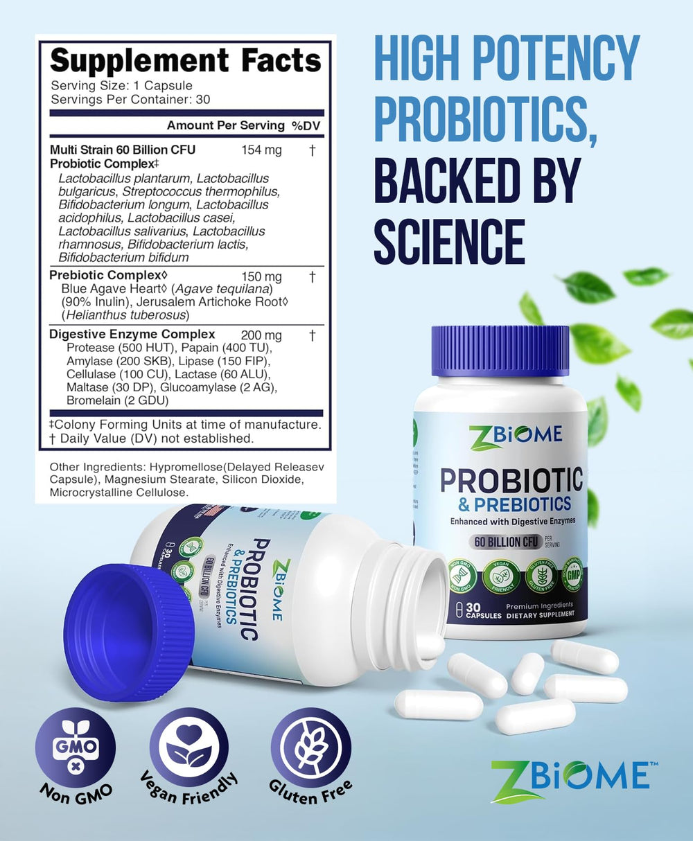 ZBIOME Probiotic 60B capsules close-up showing delayed-release design for gut delivery