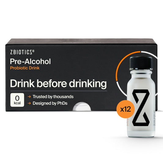 ZBiotics bottle front label highlights the pre-alcohol probiotic for smoother mornings.