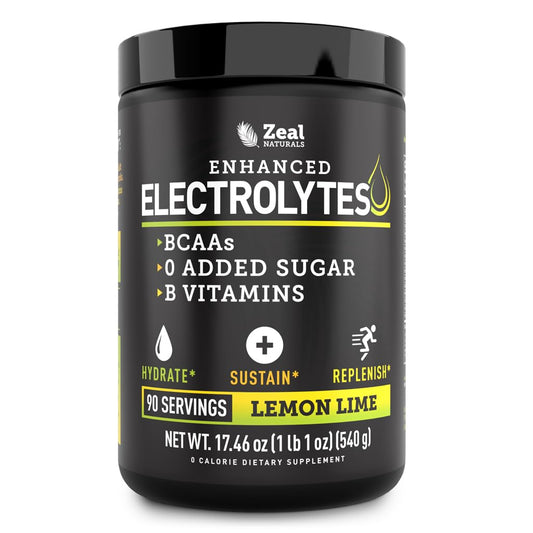 Zeal Electrolyte Lemon Lime tub showing zero sugar hydration for workouts