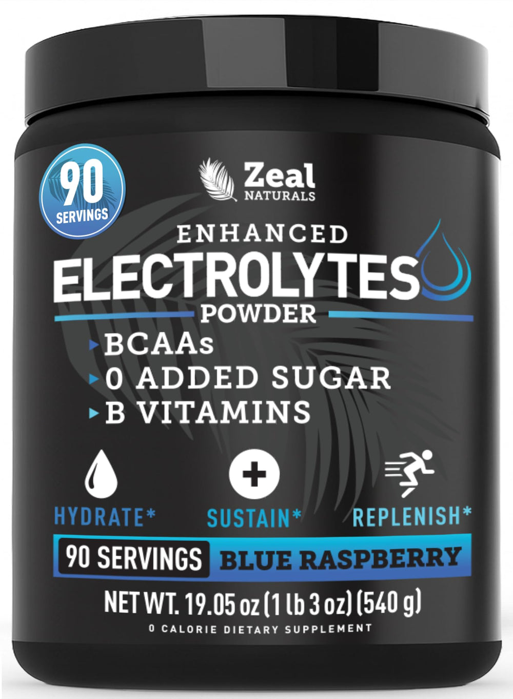 Zeal Electrolyte Powder blue raspberry tub for sustained workout hydration.