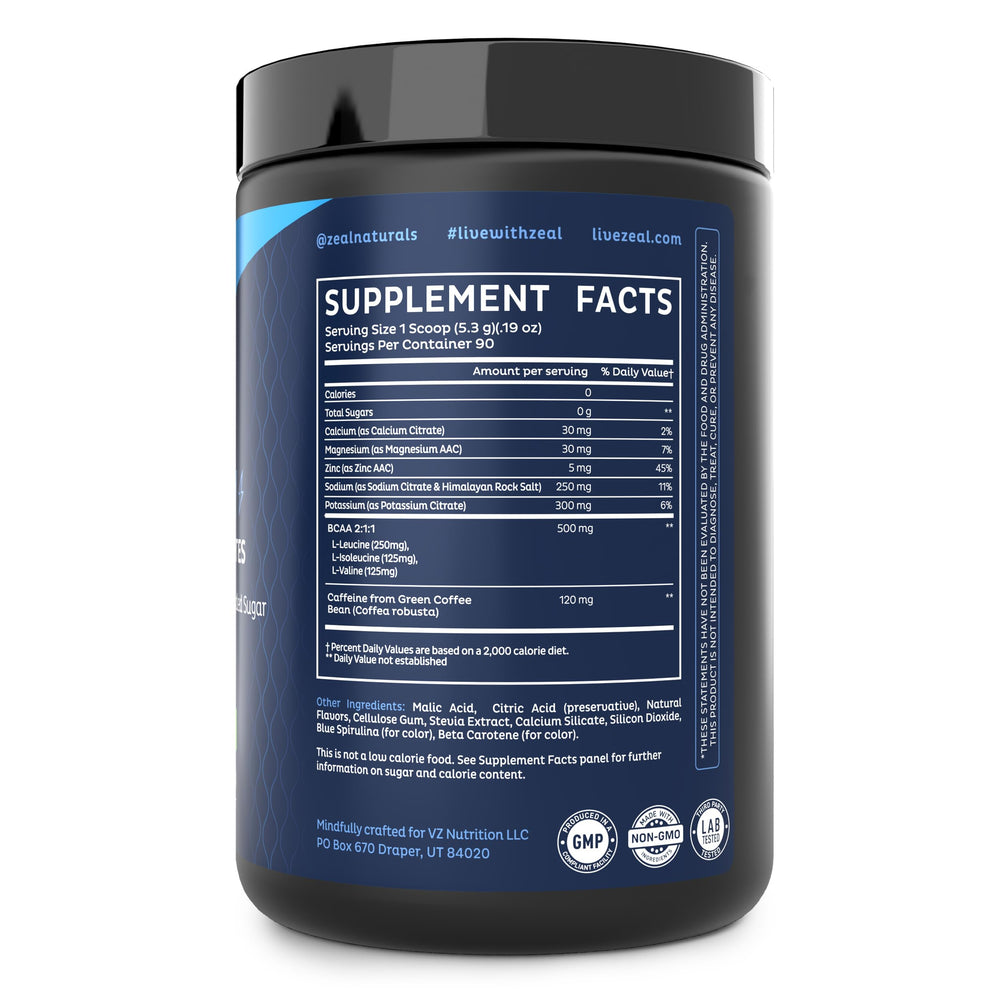 Close-up of Zeal Electrolyte Powder green apple bottle highlighting BCAAs and B-vitamins.