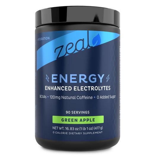 Zeal Electrolyte Powder green apple tub front promotes keto hydration with no sugar.
