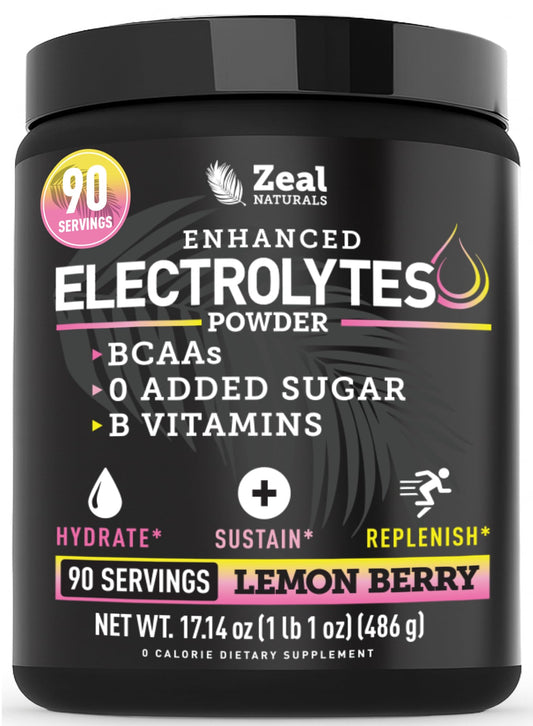 Zeal Electrolyte Powder lemon-berry tub showing hydration and zero sugar benefits