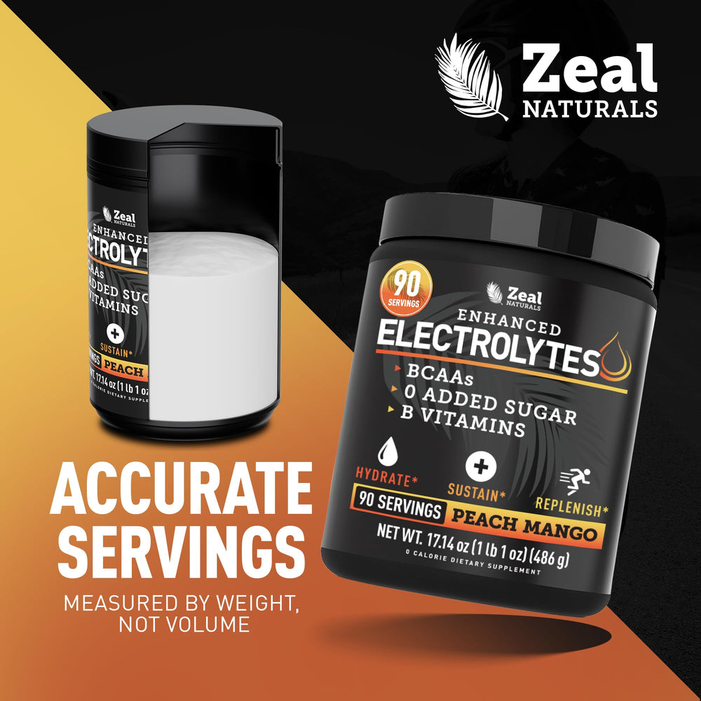 Zeal Peach Mango drink setup demonstrating balanced electrolytes for workouts