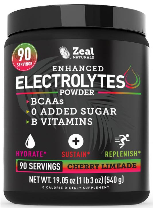 Zeal Electrolyte Powder tub front shows cherry limeade flavor.