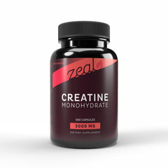 Zeal Naturals Creatine Monohydrate capsules bottle supports convenient daily dosing.