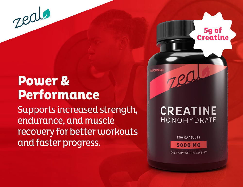 Zeal Naturals Creatine Monohydrate capsules in a gym scene imply training support.