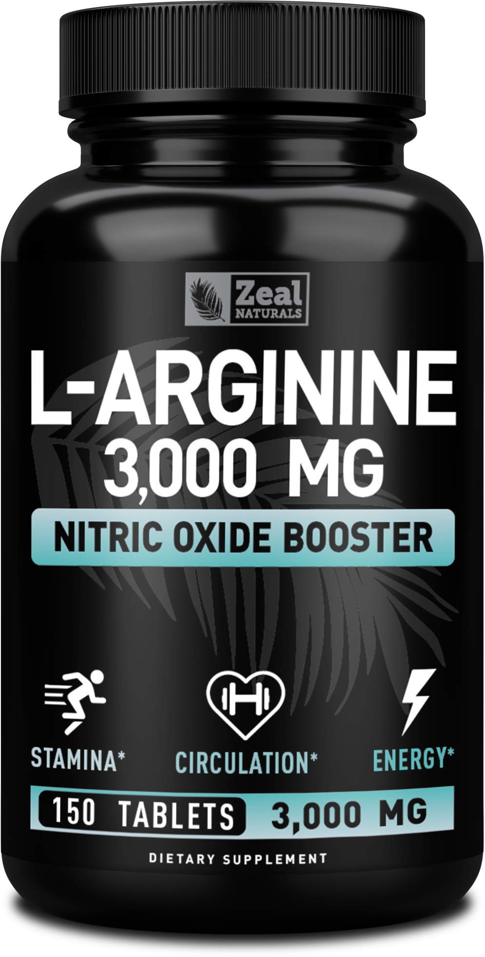 Zeal Naturals L-Arginine 3000mg tablets in bottle support circulation and energy.