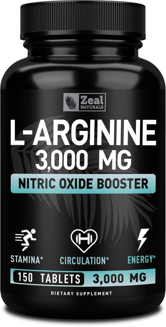 Zeal Naturals L-Arginine 3000mg tablets in bottle support circulation and energy.