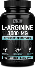 Zeal Naturals L-Arginine 3000mg tablets in bottle support circulation and energy.