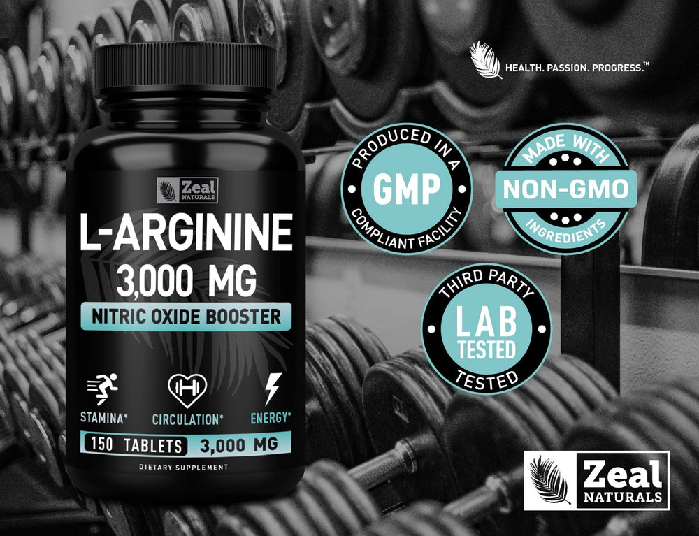 Zeal Naturals L-Arginine bottle in gym setting during workout.