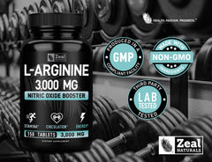 Zeal Naturals L-Arginine bottle in gym setting during workout.