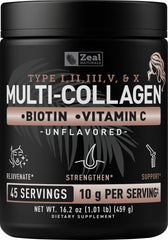 Zeal Naturals Multi Collagen Powder unflavored in a jar supports hair, skin, and nails.