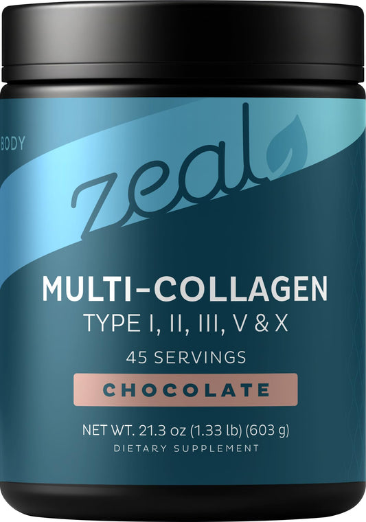 Zeal Naturals Premium Multi Collagen Powder bottle view highlighting convenient daily use for hair and skin benefits
