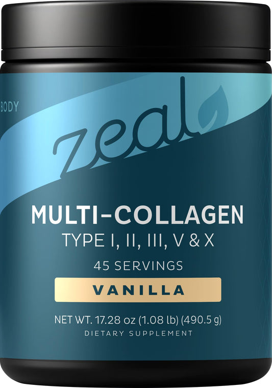 Zeal Naturals Premium Multi Collagen Vanilla powder bottle for daily beauty support.