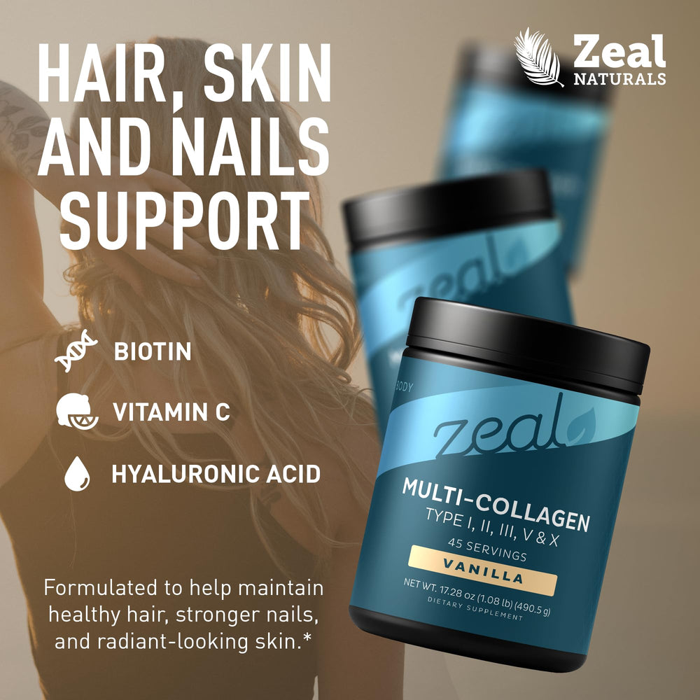 Zeal Naturals Vanilla collagen powder scoop for a daily serving.