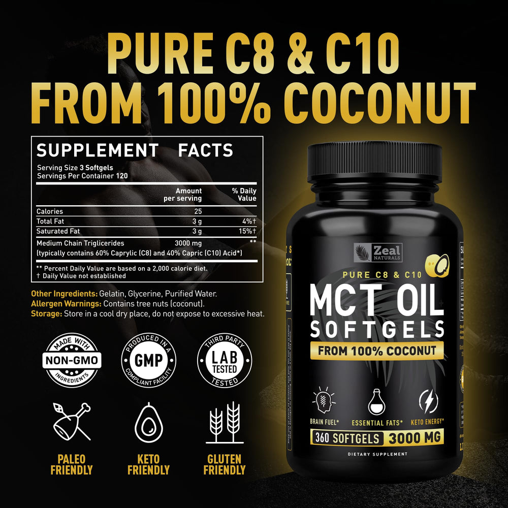 Close-up of Zeal Naturals MCT Capsules pouring for keto-friendly energy.
