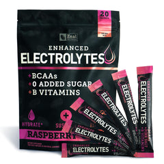 Zeal Naturals Raspberry Guava stick pack closeup texture and powder dissolve.