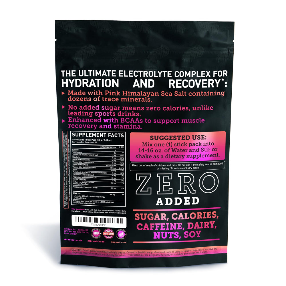Zeal Naturals Raspberry Guava stick pack on-the-go image emphasizes convenient hydration.