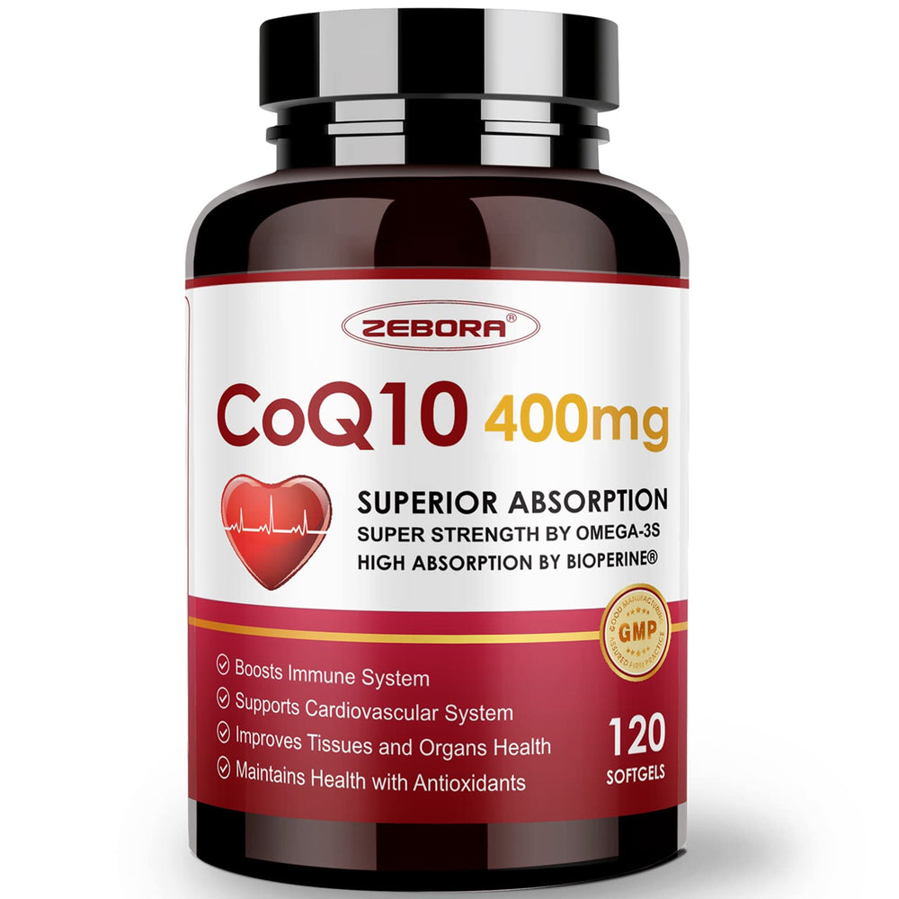 ZEBORA CoQ10 bottle with softgels for daily energy support.
